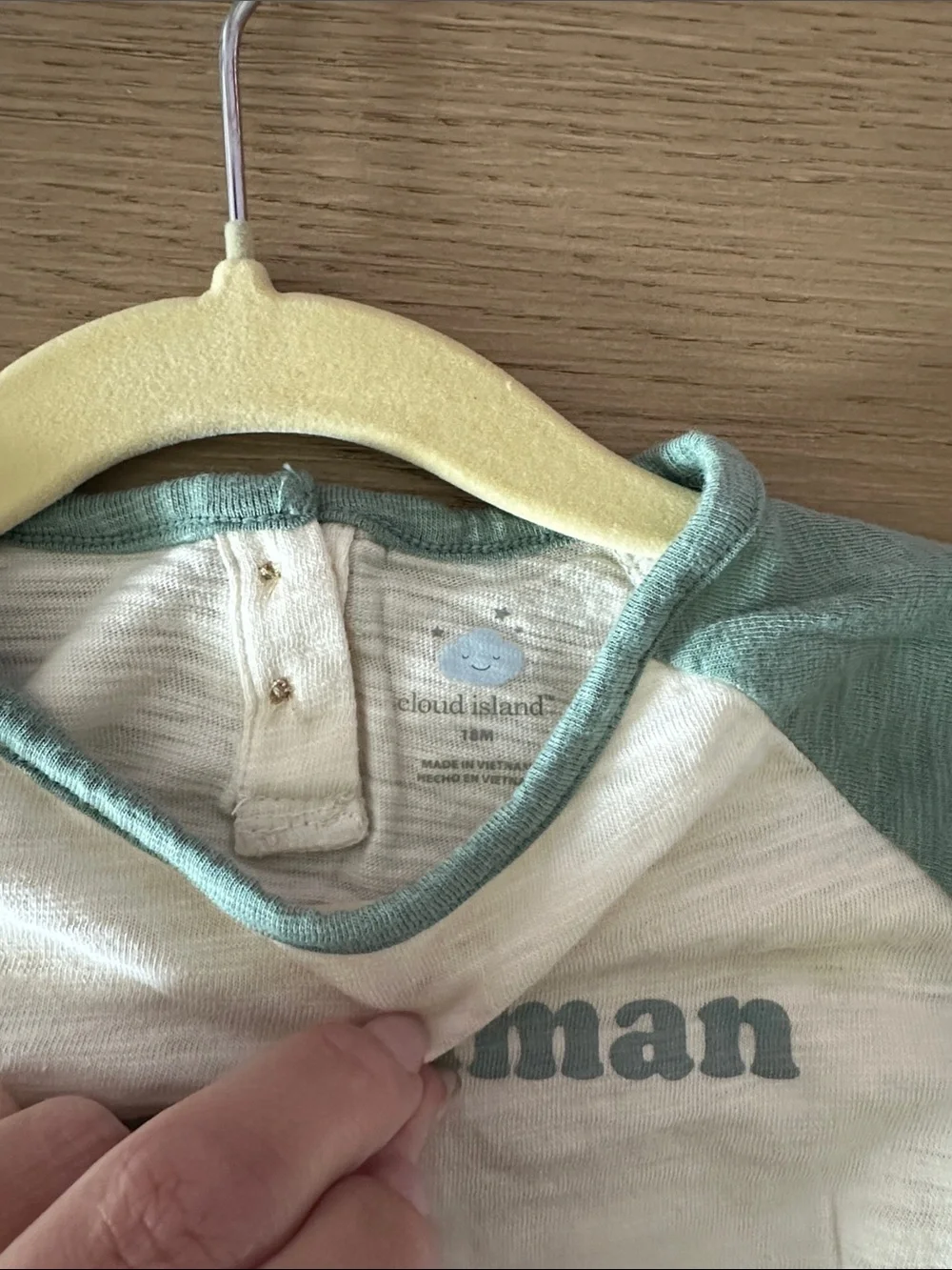 cloud island cream and sage green 'tiny human' Raglan Top
